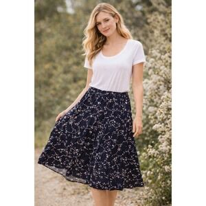 J Jill Floral A-Line Skirt Petite XL Navy Blue Rayon Pull On Flowy